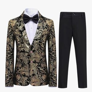 Elegant Black and Gold Paisley Suit with Bow Tie